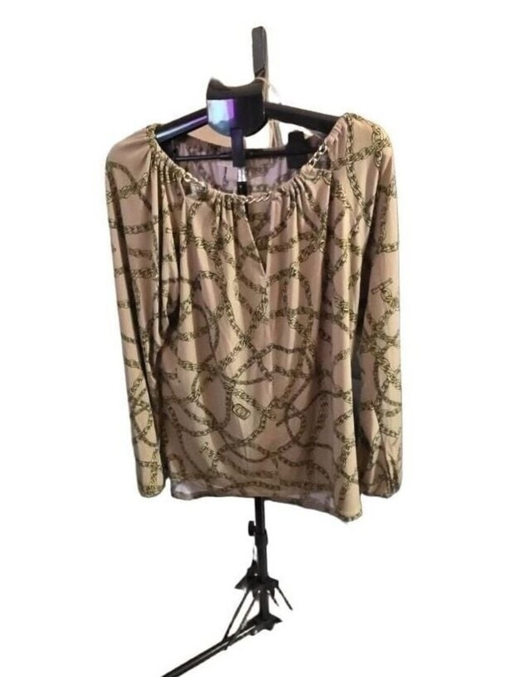 Michael Kors Beige Green Chain Print Long Sleeve Blouse Top Size L